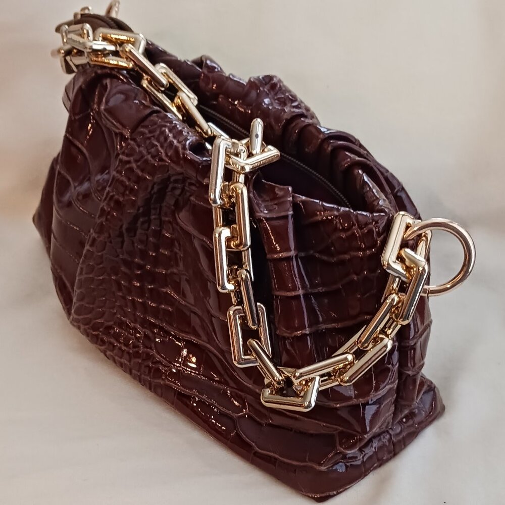 Absolutely Cute Brown Man Made Material Shoulder Bag With Gold Tone Strap
